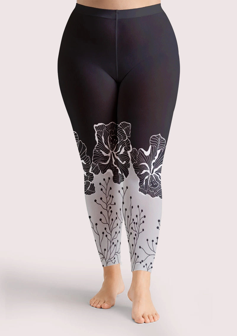 Black Floral Print Footless Tights Hosiery Leggings