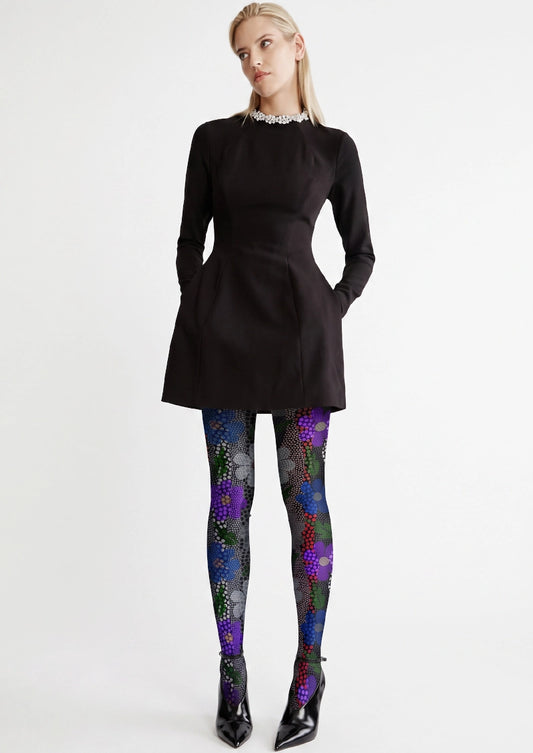 Black Purple Halftone Floral Tights