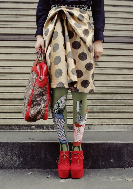 Model wearing Green Fish Rabbit Graphic Tights in a styled outfit