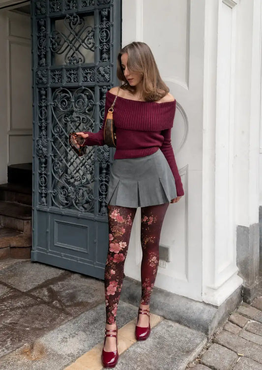 Model wearing Pink Cherry Blossom Garden Footless Tights in a styled outfit