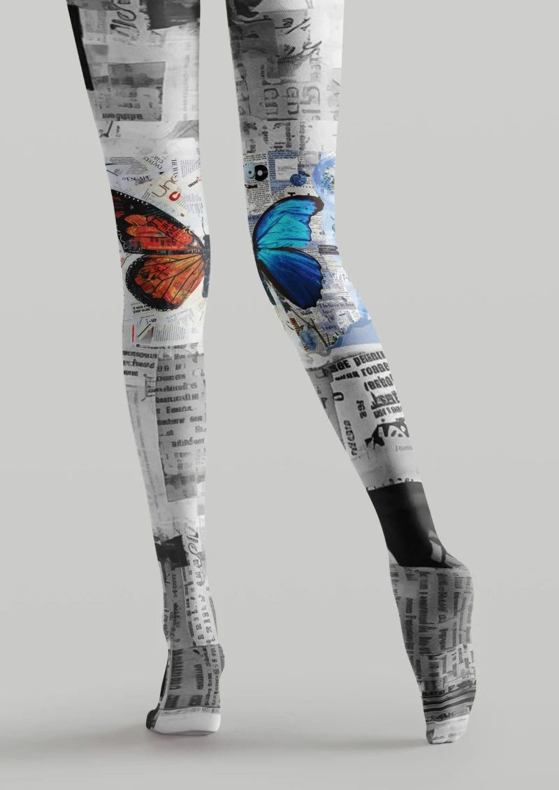 Gray Butterfly Newspaper Tights