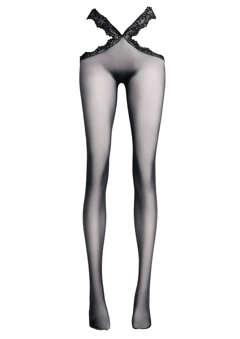 Black Lace Top Glossy Tights Hosiery Pantyhose