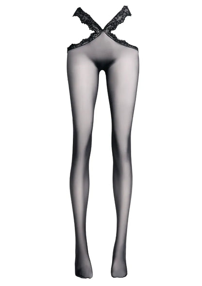 Black Lace Top Glossy Tights Hosiery Pantyhose
