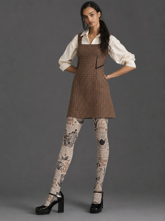 Vintage Tea Script Graphic Tights Hosiery Pantyhose