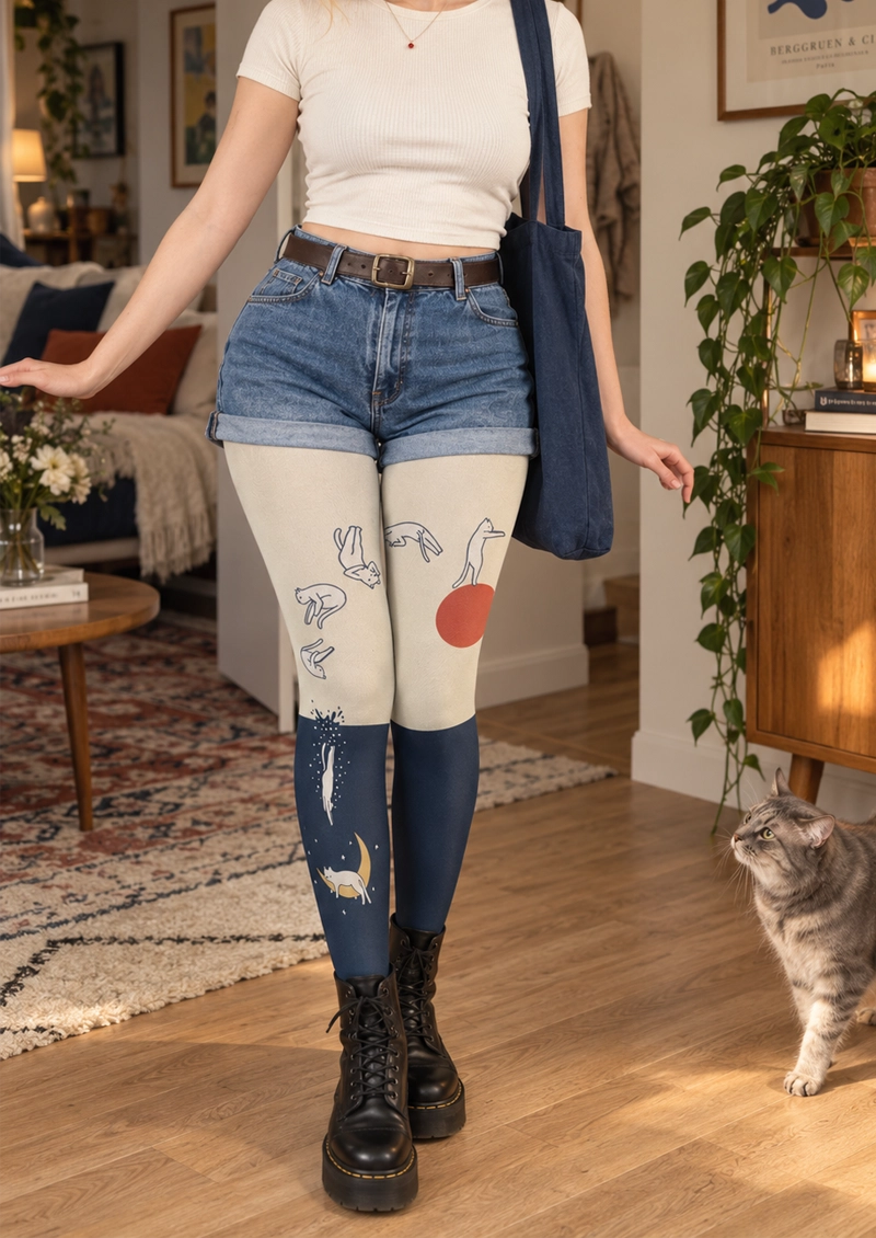 Navy Cat Moon Tights