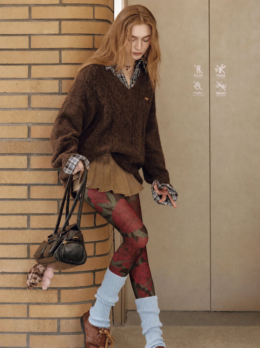Crimson Rose Floral Tights Hosiery Pantyhose