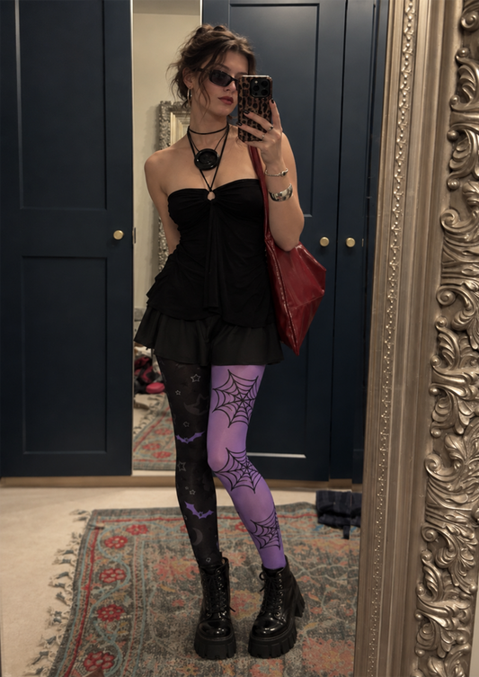 Black Purple Spiderweb Bat Tights