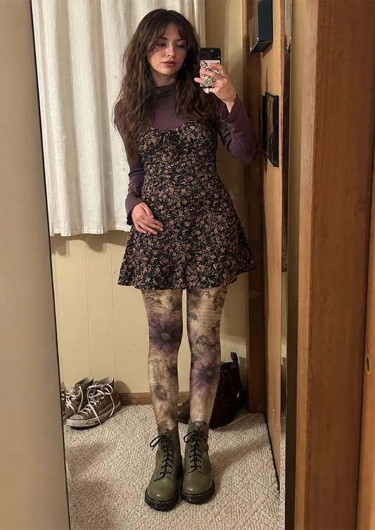 Beige Vintage Floral Tights