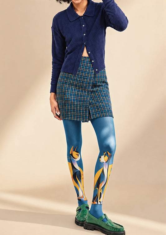 Blue Geometric Cat & Dog Art Tights Hosiery Pantyhose