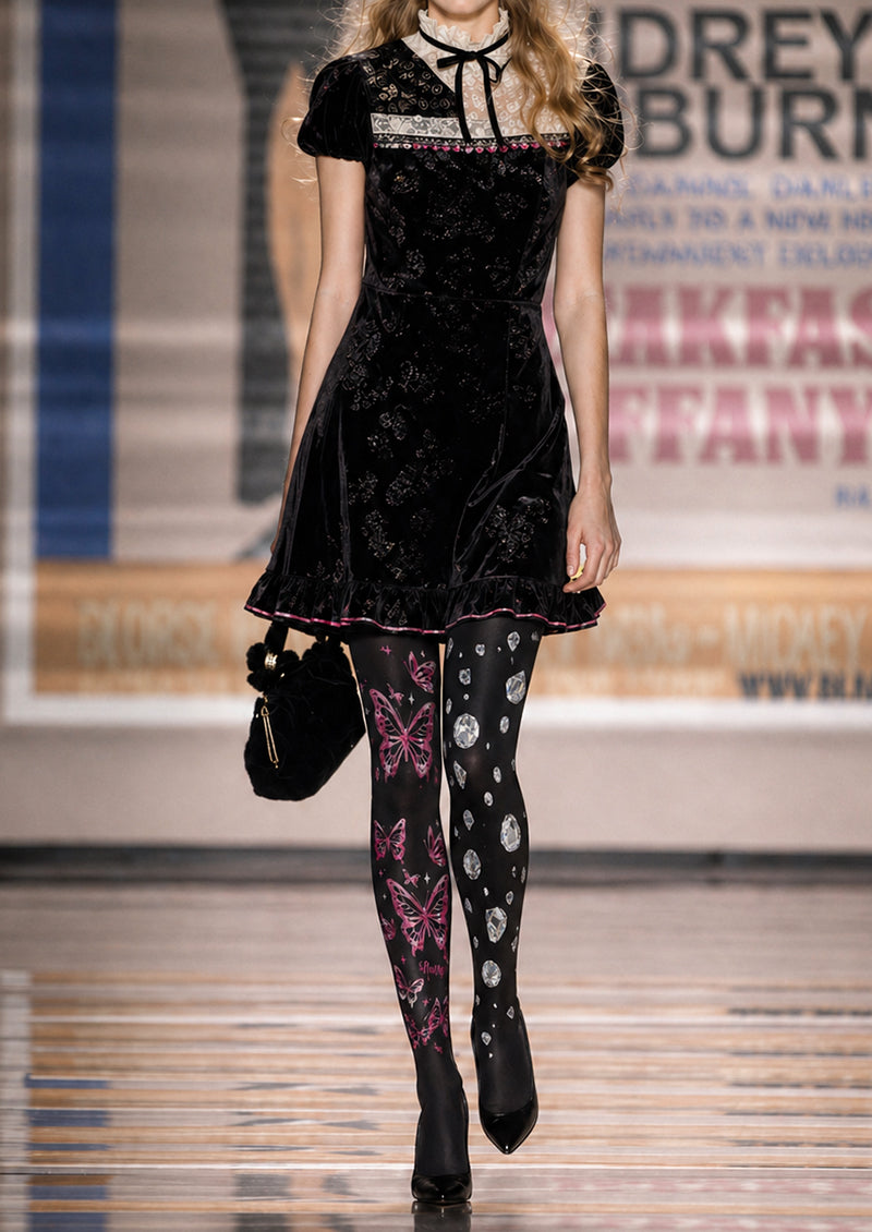 Black Butterfly & Diamond Asymmetric Print Tights Hosiery Pantyhose