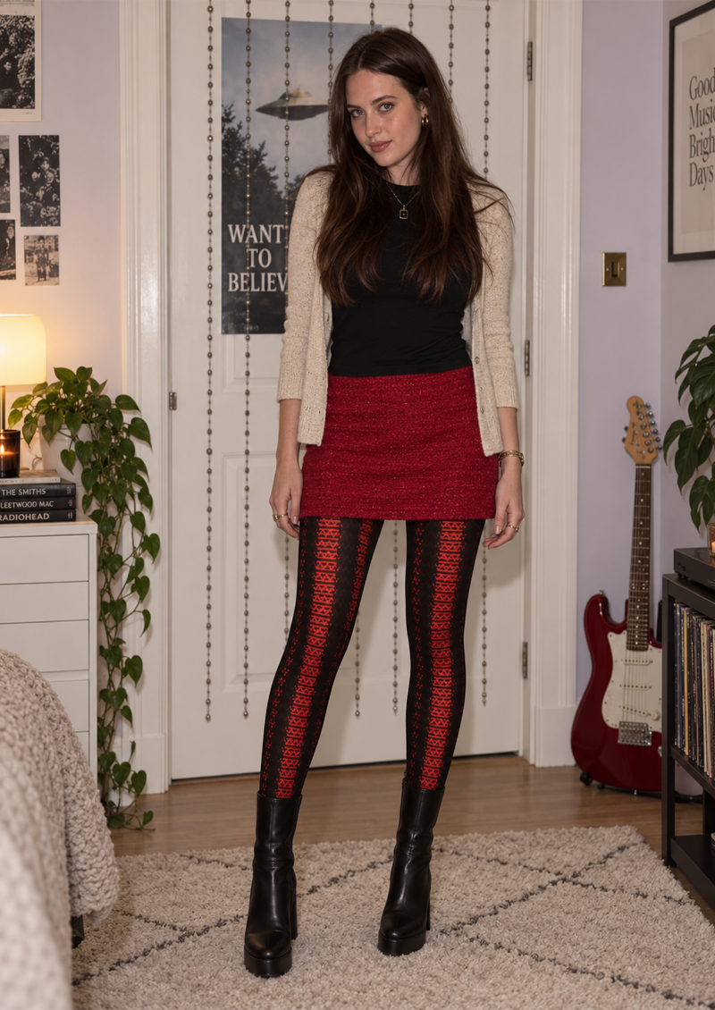 Black Red Geometric Stripe Tights