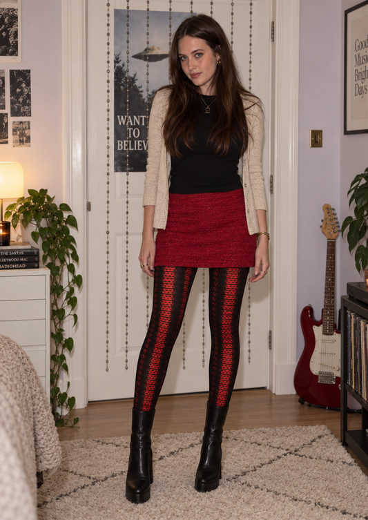 Black Red Geometric Stripe Tights