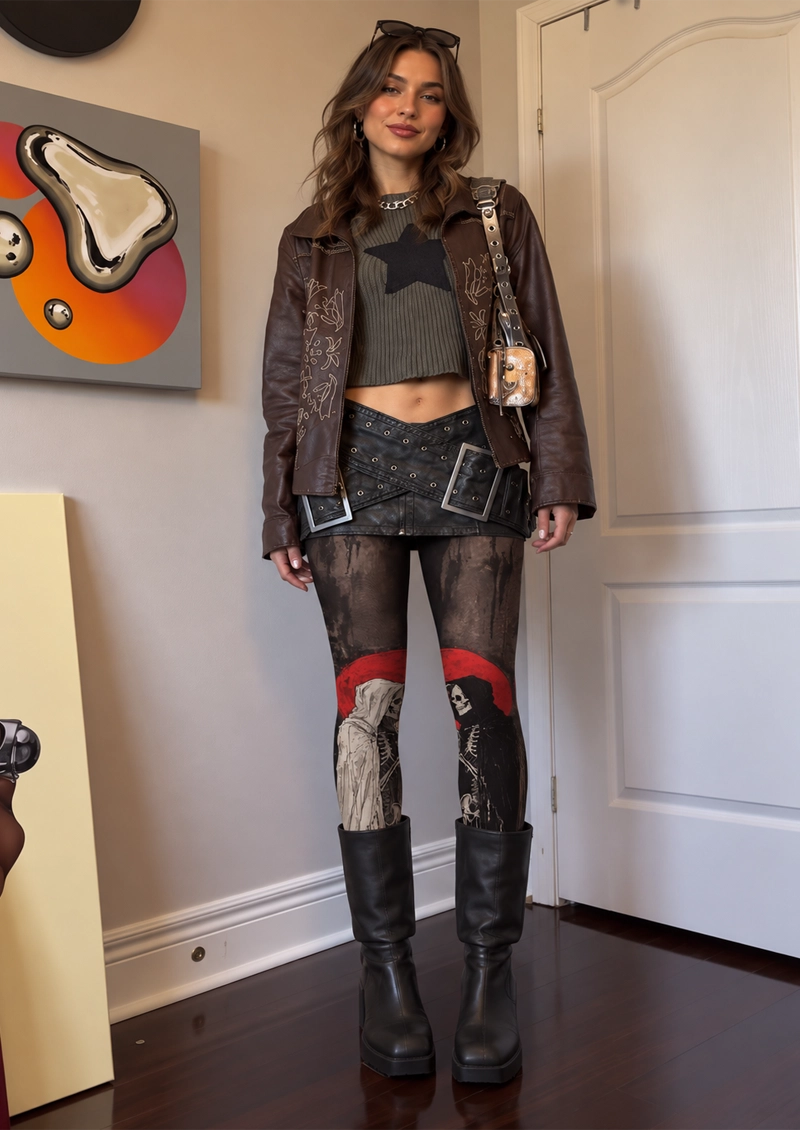Black Red Moon Skeleton Tights