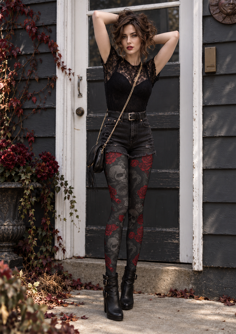 Black Skull Rose Dice Tights