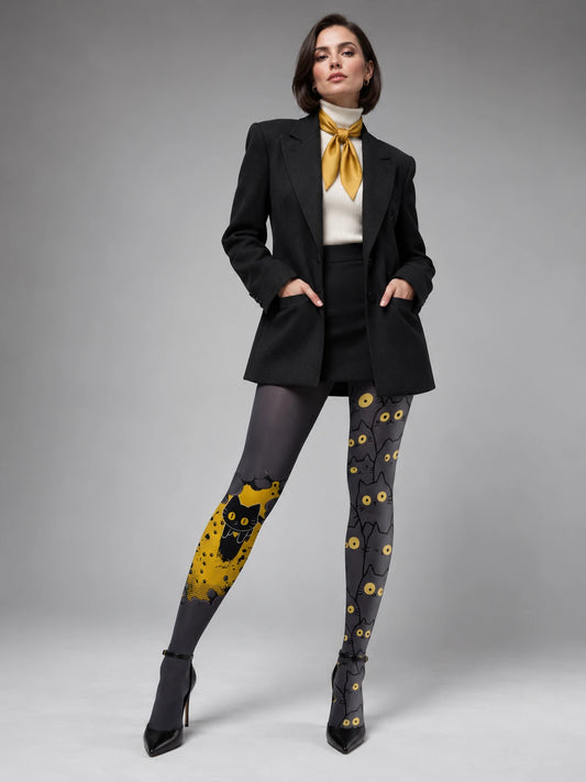 Gray Cat Face Tights