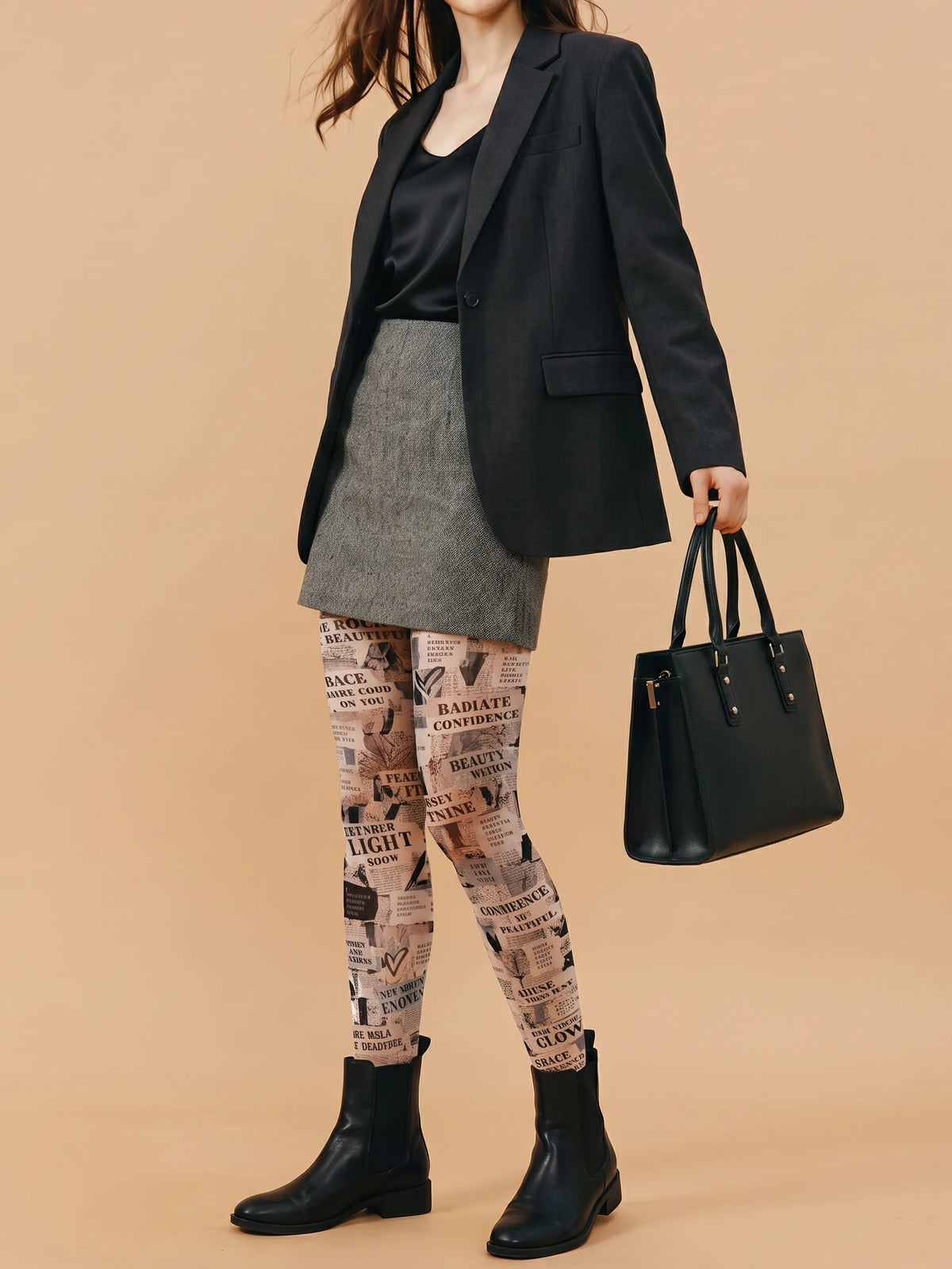 Beige Newspaper Collage Tights