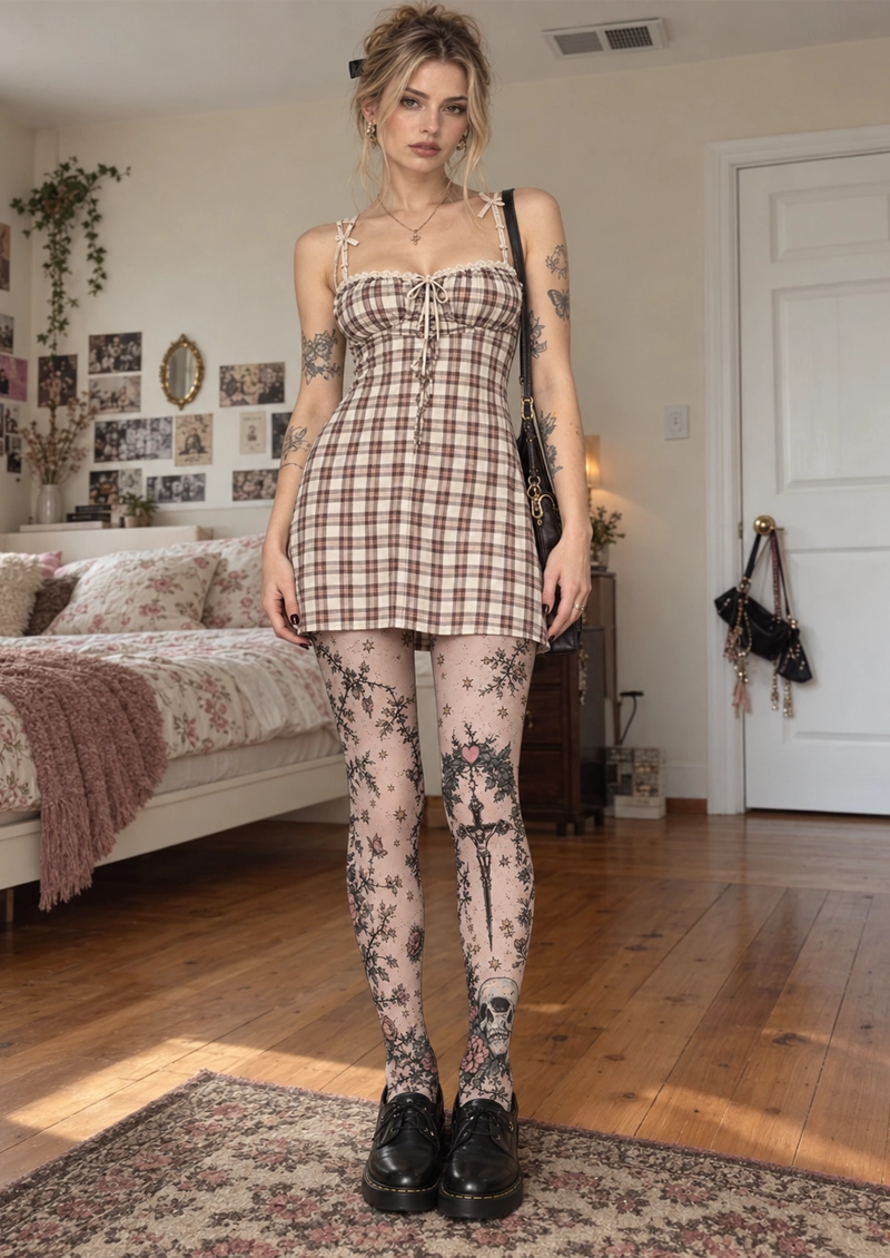 Pink Gothic Rose Cross Tights