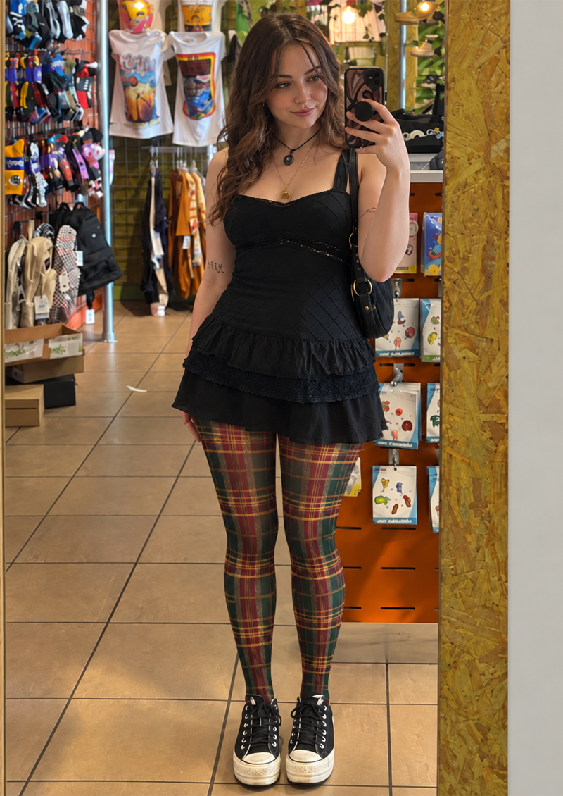 Green Burgundy Plaid Tights