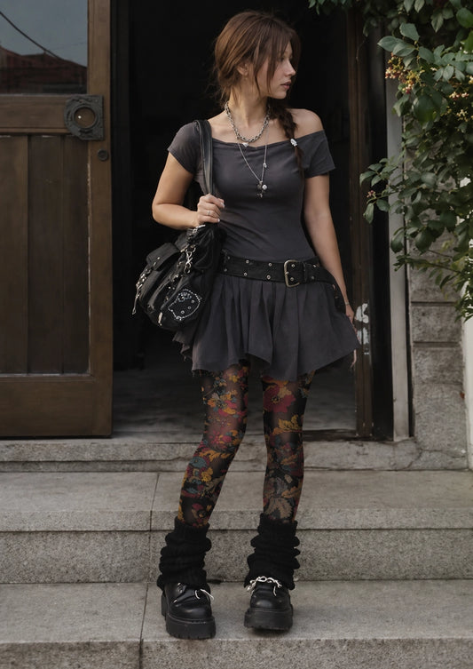 Black Vintage Floral Tights