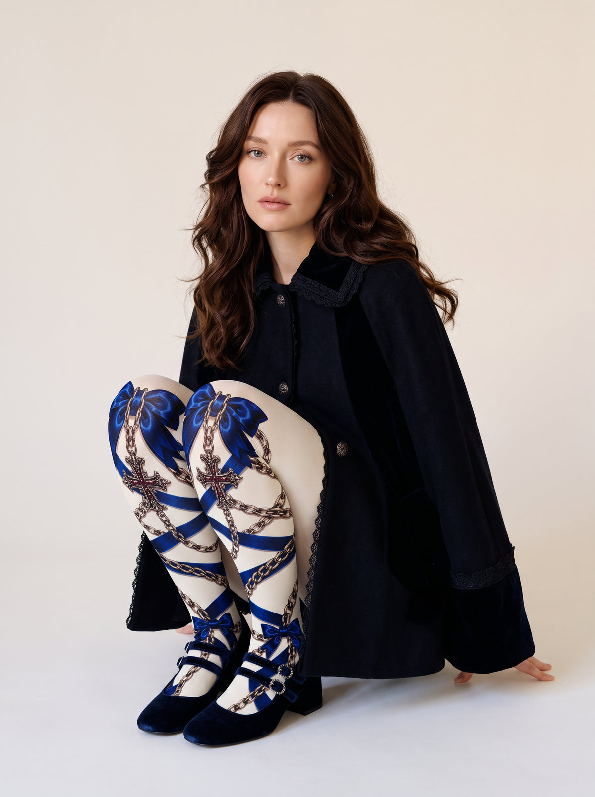 Ivory Blue Bow and Cross Tights