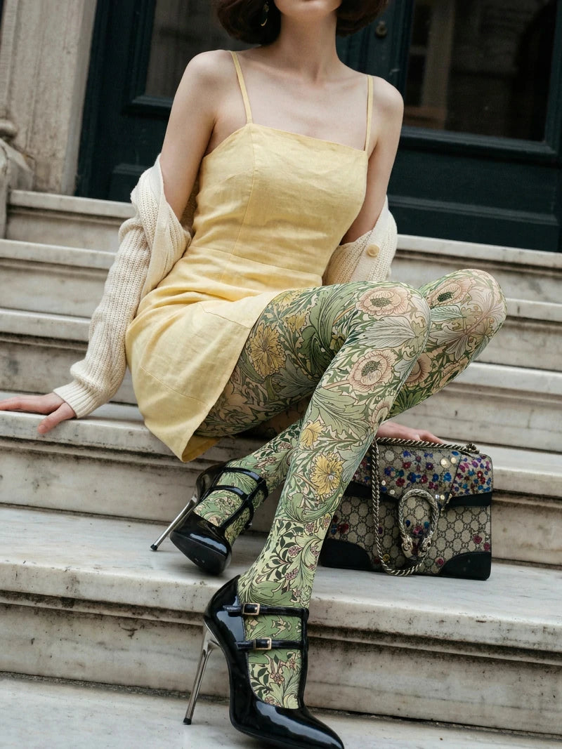 Sage Heritage Floral Tights Hosiery Pantyhose