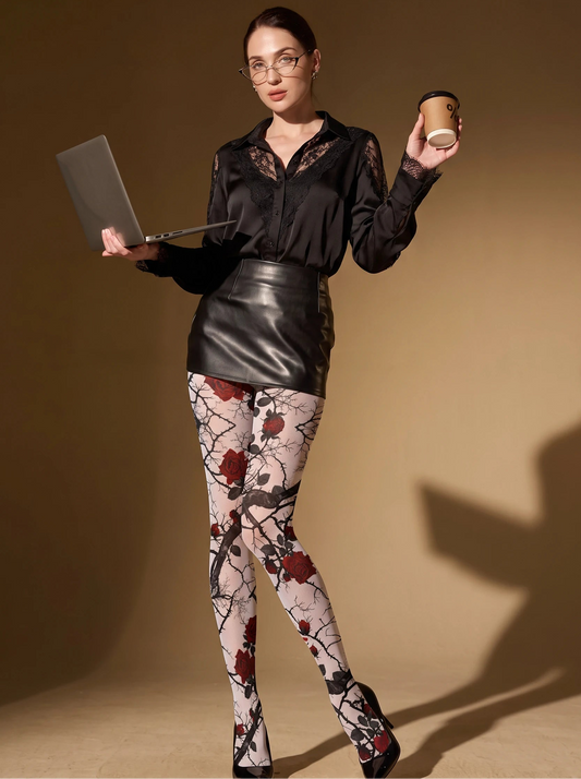 White Red Rose Thorn Tights