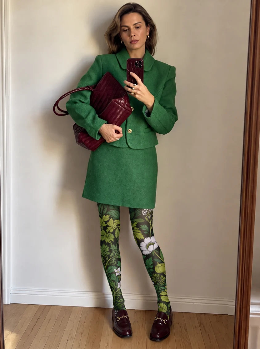Black Botanical Print Tights