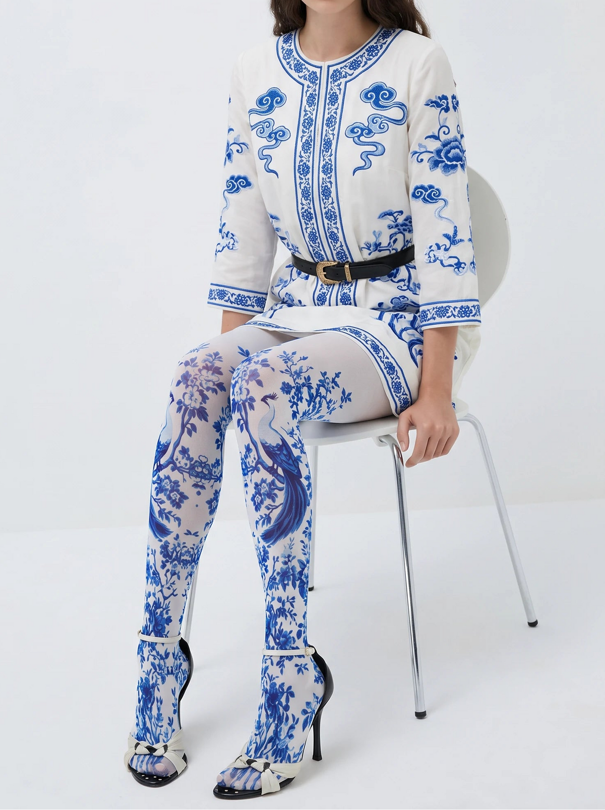 White Peacock Floral Tights