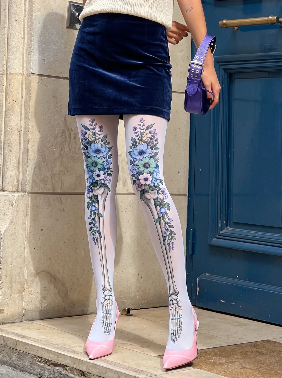 White Floral Skeleton Tights
