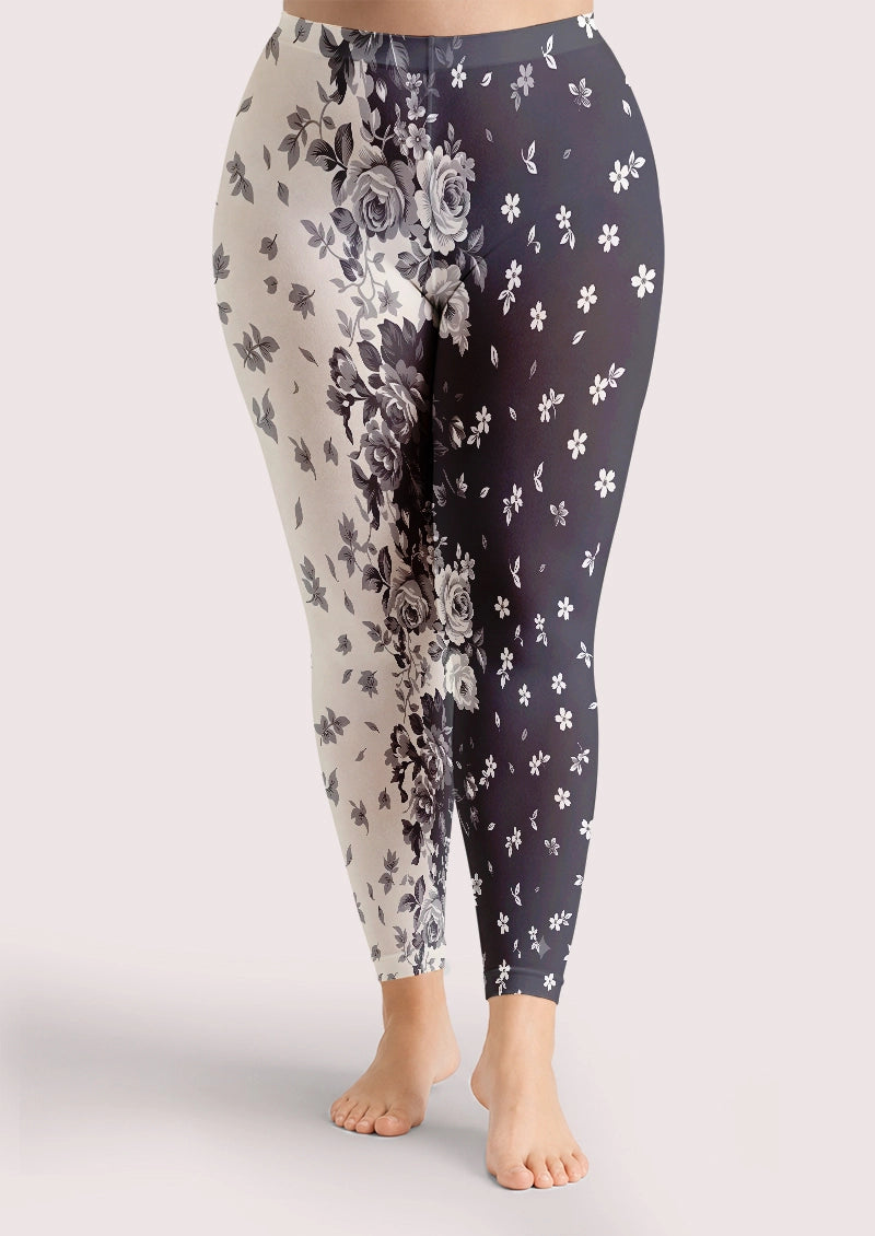 Asymmetric Black and Ivory Rose Print Footless Tights Hosiery Leggings