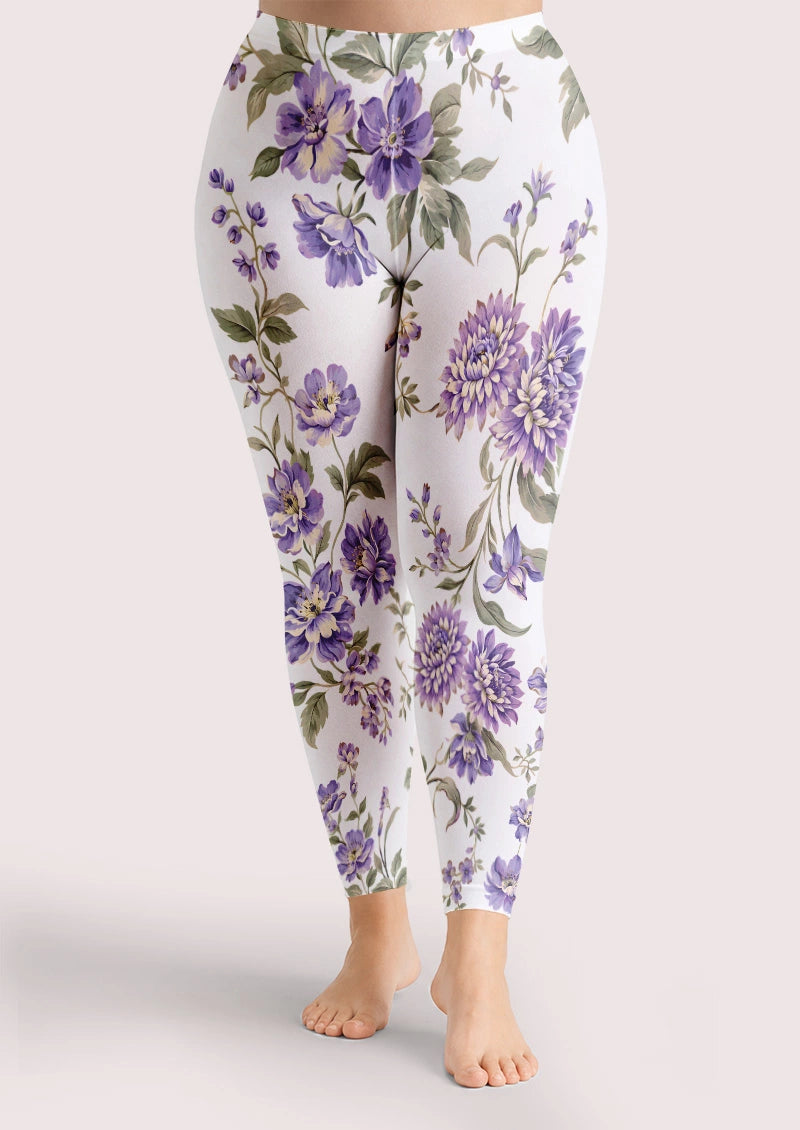 Vintage Purple Botanical Floral Print Footless Tights Hosiery Leggings