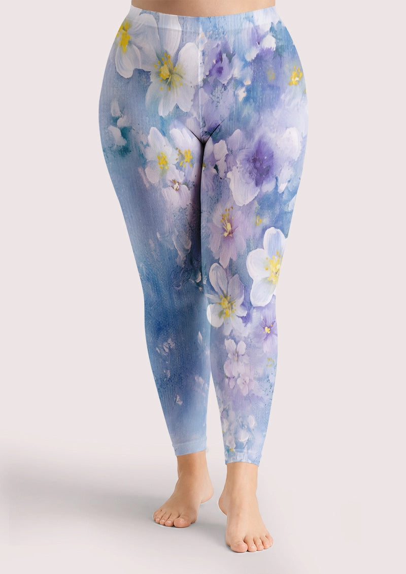 Blue Watercolor Blossom Footless Tights