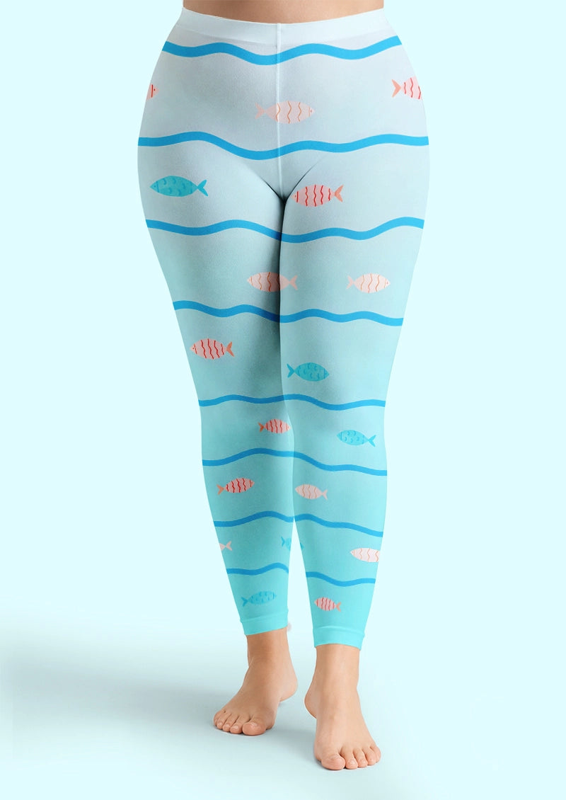 Ocean Wave Fish Print Footless Tights Hosiery Leggings