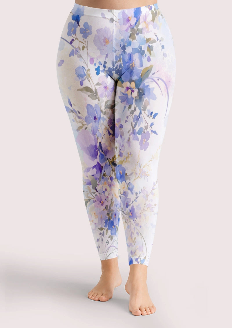 White Blue Watercolor Floral Footless Tights