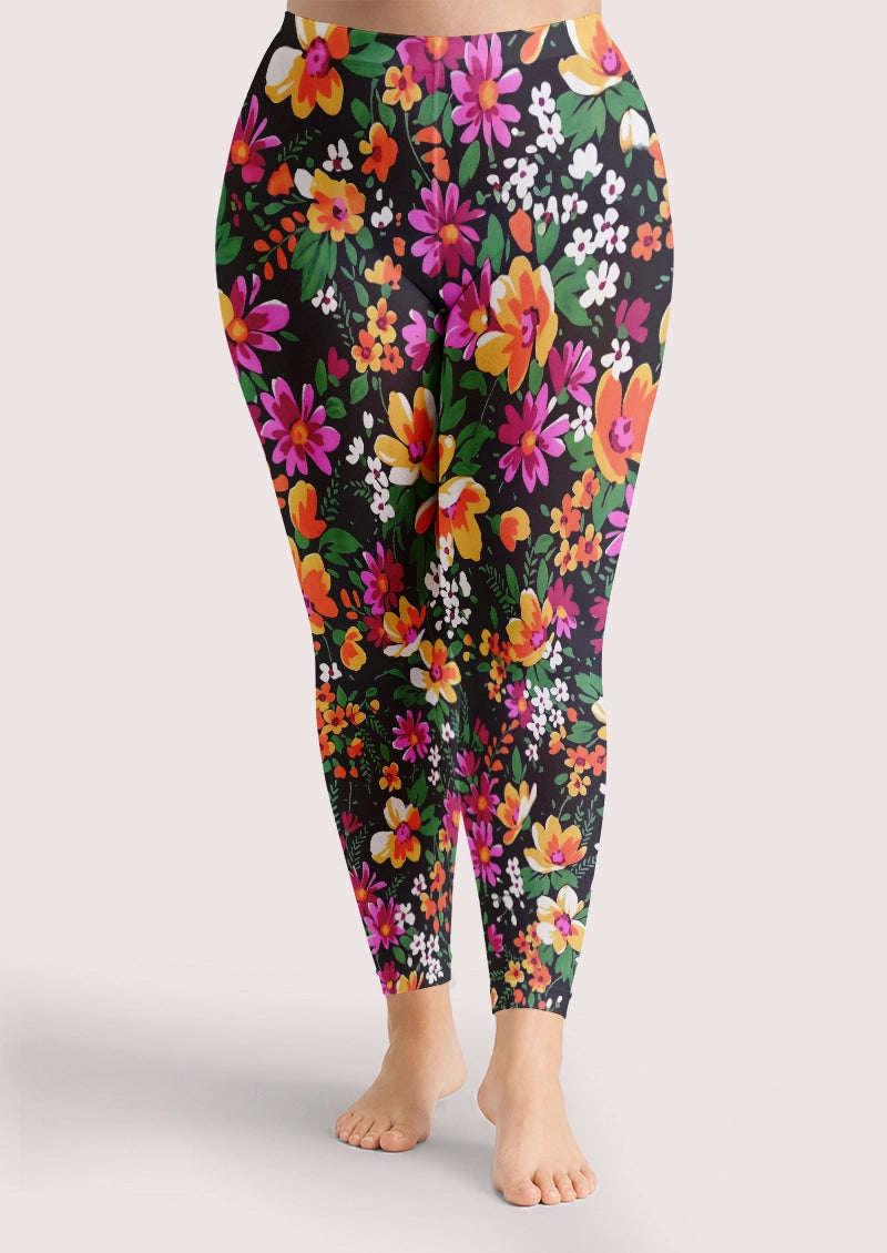 Vibrant Multicolor Botanical Floral Print Footless Tights Hosiery Leggings