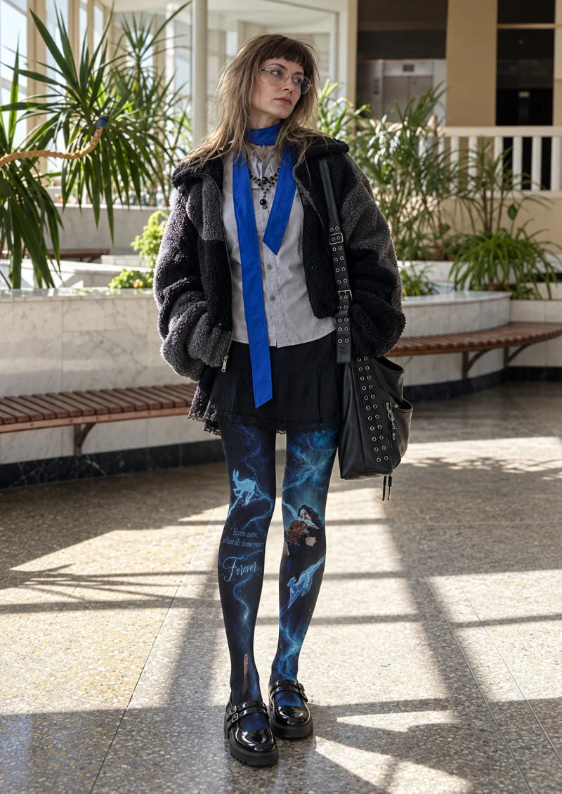 Black Blue Spirit Illustration Tights