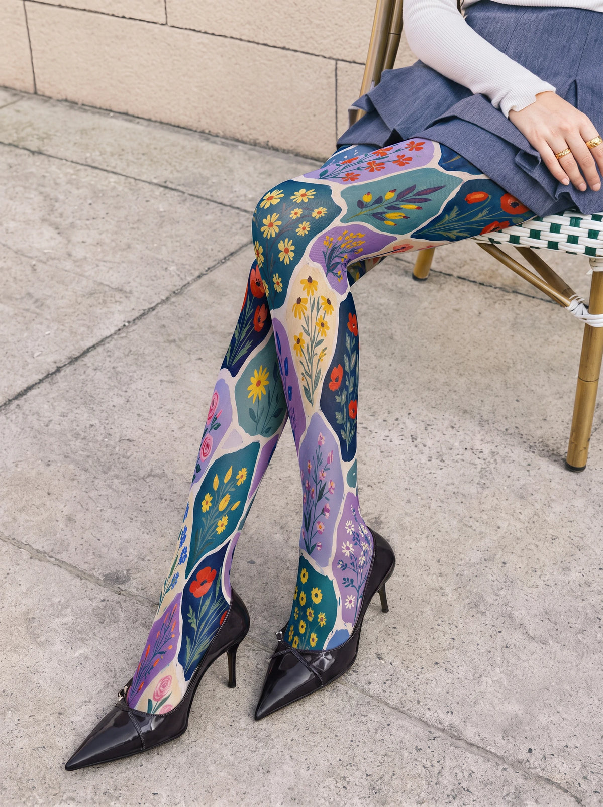 Blue Floral Patchwork Tights