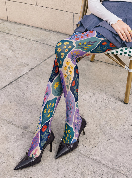 Blue Floral Patchwork Tights