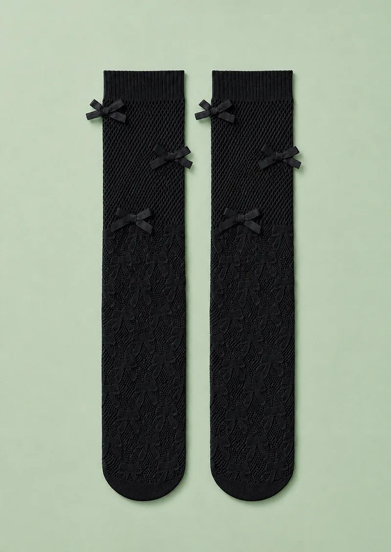 Black Bow Lace Mesh Knee-High Socks