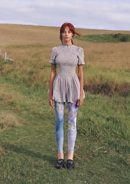 Blue Watercolor Blossom Footless Tights