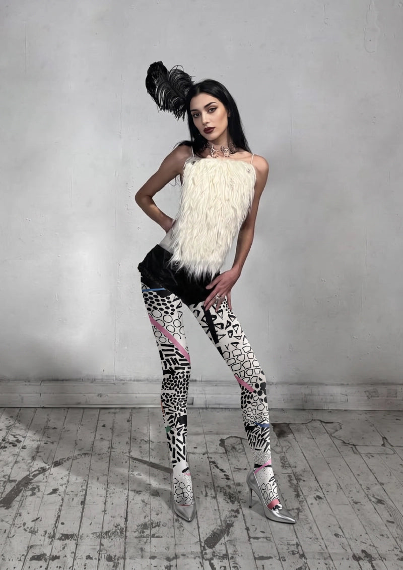 White Black Abstract Geometric Tights