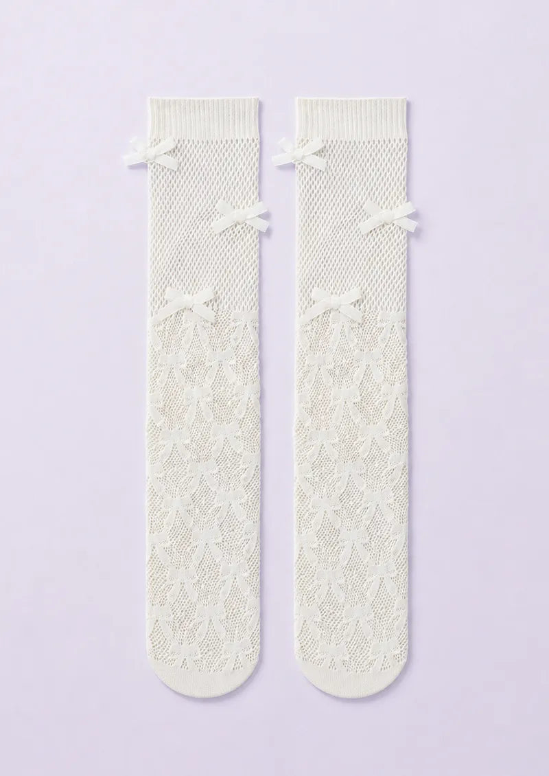 Ivory Bow Lace Knit Footless Knee-High Socks