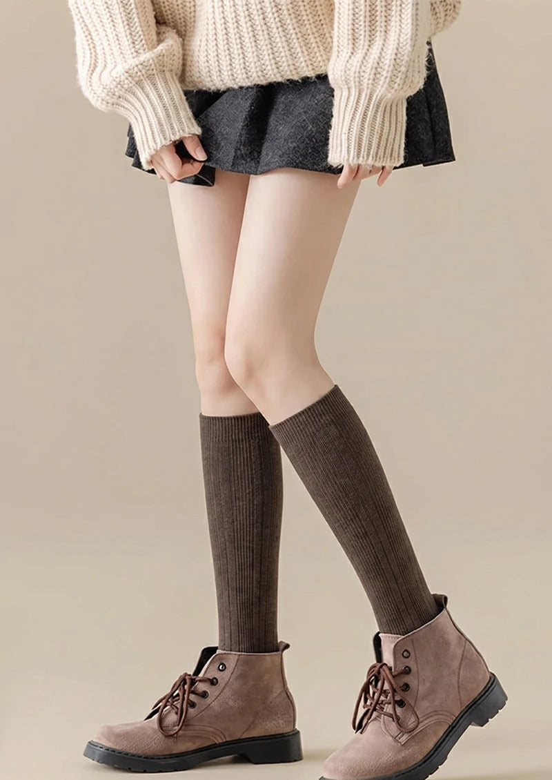 Solid Ribbed Knee-High Socks