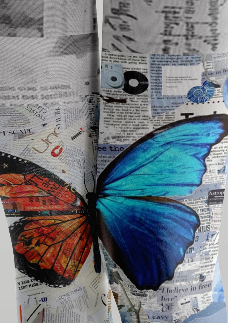 Gray Butterfly Newspaper Tights
