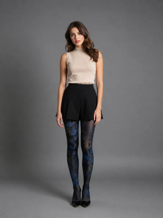 Midnight Blue Floral Tights Hosiery Pantyhose