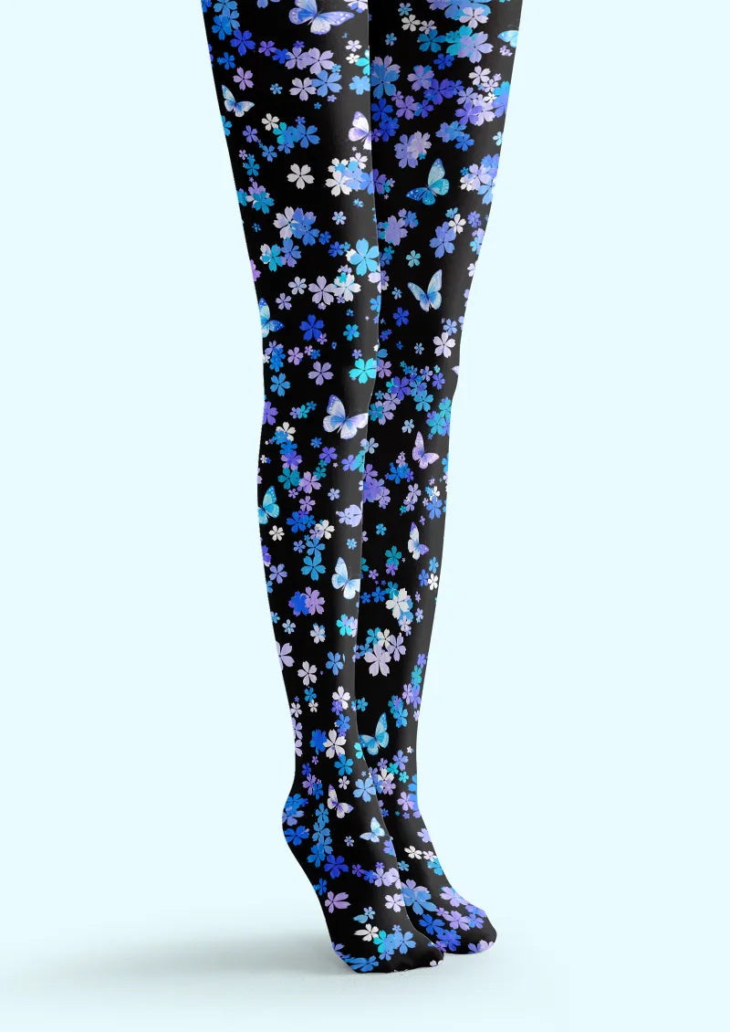 Black Blue Butterfly Floral Tights