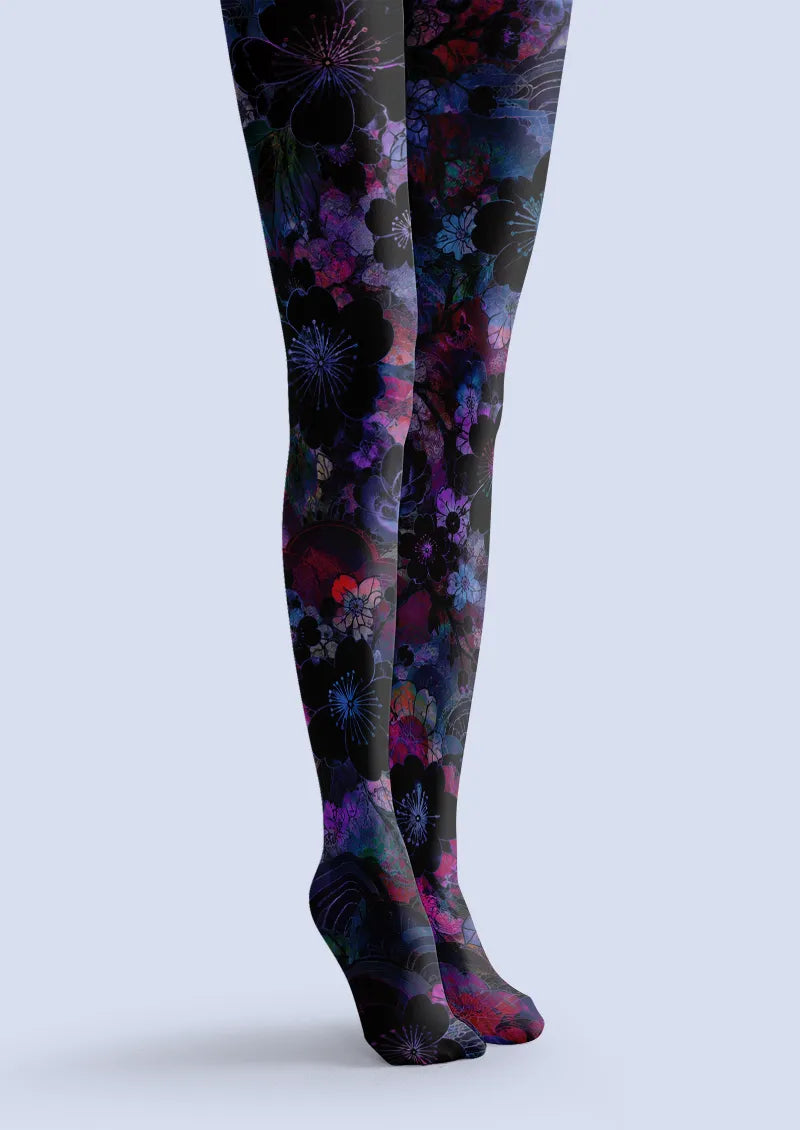 Black Purple Floral Collage Tights