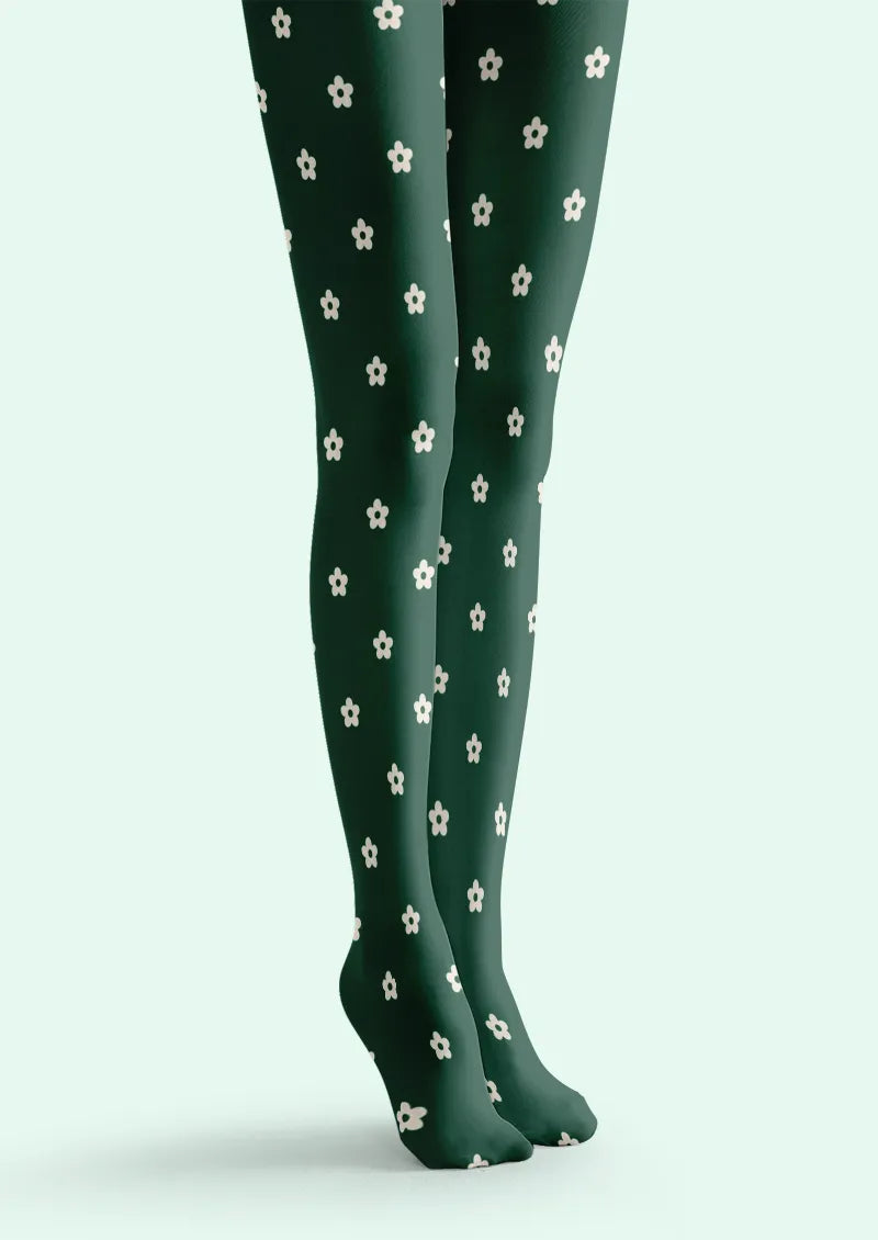 Green White Daisy Tights