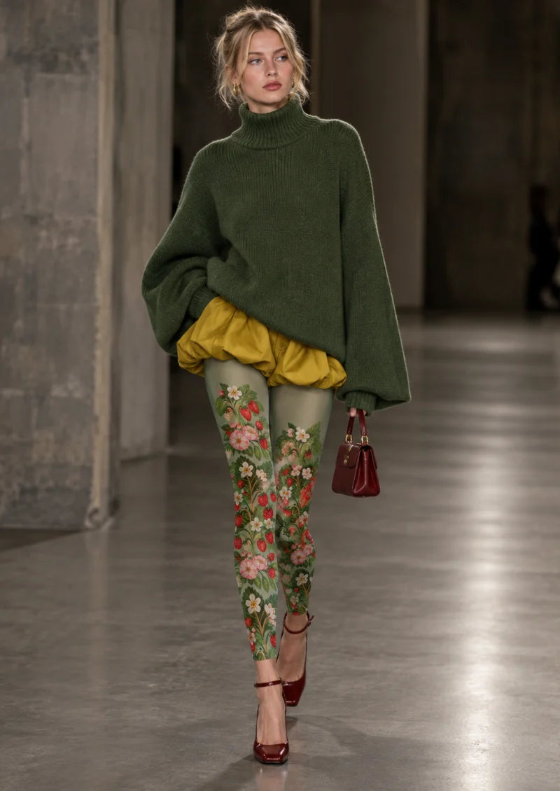 Green Strawberry Floral Footless Tights