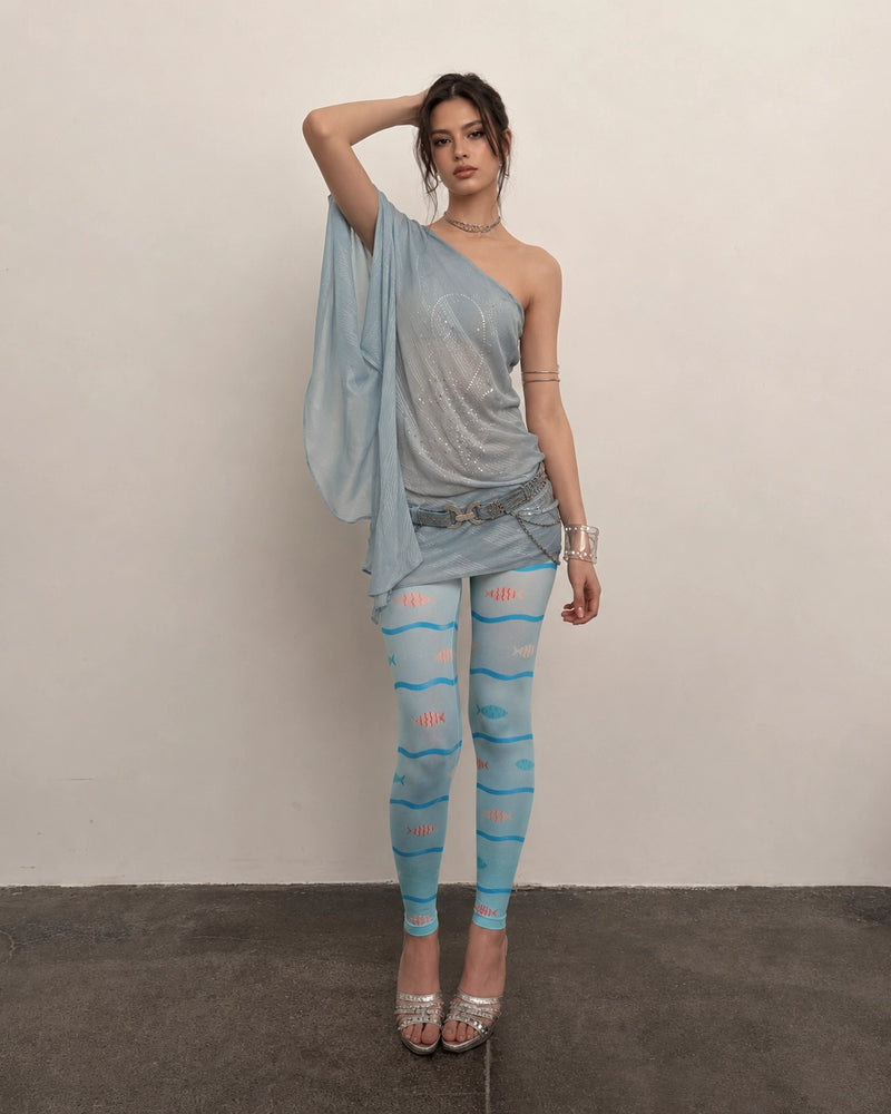 Ocean Wave Fish Print Footless Tights Hosiery Leggings